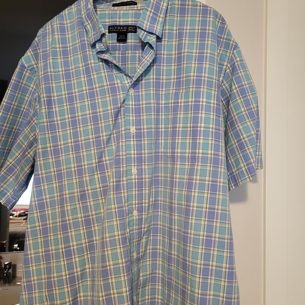 ALFRED SUNG Blue and Green Plaid Men's Shirt